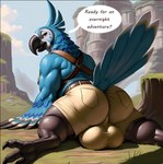 anthro balls beak big_balls big_butt bird_feet black_beak blue_body blue_feathers bottomwear breath_of_the_wild butt clothing detailed_background dialogue feathers fur genitals huge_balls huge_butt humanoid_genitalia hyper hyper_balls hyper_genitalia looking_at_viewer looking_back looking_back_at_viewer male multicolored_body multicolored_fur muscular muscular_male nintendo presenting presenting_hindquarters rear_view seductive shorts smile solo speech_bubble tail_feathers talons the_legend_of_zelda thick_thighs topwear white_body wide_hips wings yerticus kass_(tloz) avian bird 1:1 absurd_res full-length_portrait hi_res portrait