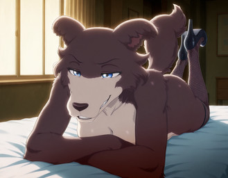 anthro bed bedroom blinds blue_eyes boots brown_body brown_fur clothing female fishnet fishnet_legwear footwear fur furniture legwear lying lying_on_bed multicolored_body multicolored_fur nude on_bed solo window_light beastars juno_(beastars) canid canine mammal hi_res noobai_(model) stable_diffusion