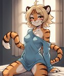 amber_eyes anthro bed blonde_hair blush bottomless breasts clothed clothing countershading female fur furniture hair inside looking_at_viewer multicolored_body multicolored_fur nipple_outline off_shoulder on_bed orange_body orange_fur shirt sitting smile solo striped_body striped_fur stripes topwear tuft twokinds white_body white_fur window yellow_eyes anontk ivy_(twokinds) felid mammal pantherine tiger hi_res shaded