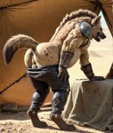 anthro anus armor balls bottomwear bottomwear_down butt clothed clothing desert digitigrade eyes_closed genitals laughing leaning leaning_forward male mane musclegut outside pants pants_down partially_clothed perineum presenting presenting_anus realistic realistic_lighting shoulder_armor side_view solo sunny tail torn_clothing vambraces delken gnoll hyaenid mammal spotted_hyena hi_res