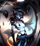 anthro black_hair blue_eyes breasts canid cybernetic_arm cybernetic_limb female fur glowing glowing_body grey_body grey_fur hair hi_res long_hair looking_at_viewer mammal nipples solo standing