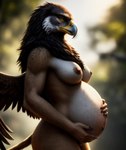 accipitrid accipitriform anthro areola avian beak bird black_body black_feathers breasts brown_body brown_fur eagle feathers felid female fur gosuperducksai gryphon hybrid lion mammal mythological_avian nipples nude pantherine pregnant solo tail white_body white_fur wings yellow_eyes