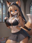 anthro big_breasts blonde_hair blue_eyes bottomwear breasts church clothing female gloves hair handwear inside jewelry looking_at_viewer necklace nun nun_outfit skirt solo window director_myrlonel canid canine fox mammal hi_res