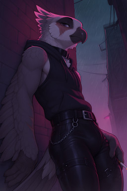 anthro belt bottomwear building bulge burn_scar chain cigarette clothing collar feathers grey_body grey_feathers holding_cigarette holding_object hood_down leaning_on_wall leather leather_bottomwear leather_clothing leather_pants looking_at_viewer male pants pink_light purple_eyes raining scar sleeveless_hoodie solo tail tail_feathers white_body white_feathers winged_arms wings magicraven avian absurd_res hi_res