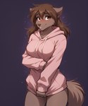 anthro blush bottomless breasts brown_body brown_eyes brown_fur brown_hair clothed clothing covering covering_self embarrassed female fur hair hoodie looking_at_viewer shy simple_background smile solo sweater topwear tuft anontk twokinds natani canid canine canis mammal wolf hi_res shaded