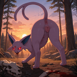 animal_genitalia animal_pussy anus blood_on_face canine_genitalia canine_pussy female feral forest genitals gore pawpads pink_pawpads plant pussy red_eyes solo standing teats tree solbr nintendo pokemon eeveelution espeon generation_2_pokemon pokemon_(species) hi_res