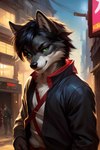 anthro black_body black_fur black_hair black_nose clothed clothing fully_clothed fur green_eyes hair light looking_away male night smile solo urban urban_background white_body white_fur shadowai_(director) canid canine canis mammal wolf