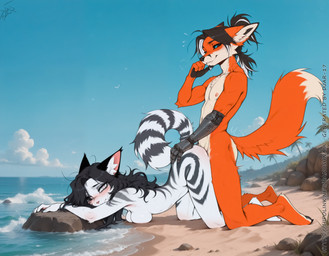 <3 <3_eyes all_fours anthro beach black_hair duo female from_behind_position hair heterochromia male male/female mechanical_arms nude sea seaside sex sky striped_body stripes water djar17 canid canine domestic_cat felid feline felis fox mammal absurd_res hi_res