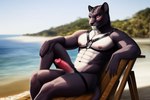anthro beach_background felid genitals harness male mammal pantherine penis seductive solo
