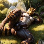 1:1 4k abs absurd_res alternate_version_at_source antennae_(anatomy) anthro anus arachnid arthropod balls bee big_balls big_penis butt colorful detailed detailed_background erection full-length_portrait fur garden genitals grass hi_res huge_filesize humanoid_genitalia humanoid_penis hymenopteran insect light lighting looking_at_viewer lying male muscular muscular_male nipples notte nude on_side outdoors outside pecs penis plant portrait presenting presenting_anus presenting_penis raised_leg realistic seductive shaded soft_shading solo striped_body striped_fur stripes warm_colors wings