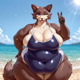 anthro beach belly big_belly big_breasts big_butt breasts brown_body brown_fur butt clothing detailed_background female fur gesture hand_on_hip morbidly_obese navel obese one_eye_closed overweight purple_eyes seaside side_boob solo swimwear thick_thighs tight_clothing tight_fit tongue v_sign wide_hips winking nazukio beastars juno_(beastars) canid canine mammal
