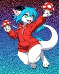 3_toes 4_fingers abstract_background anthro baggy_clothing black_horn black_nails blue_hair bottomless clothed clothing colored_nails feet female fingers fungus hair holding_object hoodie horn inner_ear_fluff midair mushroom nails open_mouth psychedelic red_clothing red_hoodie red_topwear solo star_eye tail_tuft toes topwear tuft white_body traialas kobold hi_res