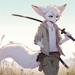 anthro bottomwear cargo_pants clothing dall-e_3 field fur grey_eyes hand_in_pocket holding_object holding_weapon hoodie jewelry katana male melee_weapon necklace outside pants pockets shirt simple_background slight_smile solo sword topwear weapon white_body white_fur lucifluffy wilek canid canine fennec fox mammal portrait three-quarter_portrait