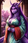 anthro asian_clothing breasts butchcinder clothing east_asian_clothing female hair horn japanese_clothing kimono looking_at_viewer non-mammal_breasts purple_body purple_hair purple_scales scales scalie solo