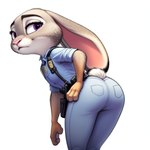 angry_puppy anthro bent_over clothing disney female hand_on_hip judy_hopps lagomorph leporid looking_at_viewer looking_back mammal police_uniform presenting purple_eyes rabbit solo uniform zootopia