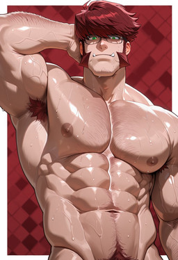 barazoku clothed clothing eyewear glasses green_eyes hair kekkai_sense klaus_von_reinhertz male muscular red_hair solo topless kuri245bo human mammal hi_res