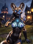 african_wild_dog anthro breasts canid canine cattorihanzo female genitals glowing glowing_eyes glowing_markings hi_res jewelry looking_at_viewer mammal markings mostly_nude necklace nipples outdoors outside pose pussy seductive solo stable_diffusion