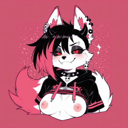 2026 anthro black_hair black_sclera blush breasts cheek_tuft clothed clothing collar ear_piercing ear_ring exposed_breasts eyebrow_piercing facial_piercing facial_tuft fangs female fur goth hair half-closed_eyes hoodie horn inner_ear_fluff medium_breasts narrowed_eyes nipples piercing pink_background pink_body pink_fur pink_hair prompt pupils raised_clothing raised_shirt raised_topwear red_eyes ring_piercing shirt simple_background skull_accessory slit_pupils smile smug solo spiked_collar spikes teeth topwear tuft white_body white_fur zipper rivensoul canid canine demon fox mammal bust_portrait hi_res portrait