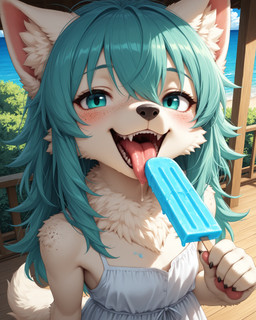anthro beach blue_eyes blue_hair bodily_fluids claws clothing cute_expression cute_eyes cute_fangs dress drooling fangs female food freckles freckles_on_shoulder fur hair hair_between_eyes holding_object inner_ear_fluff long_hair looking_at_viewer messy_hair neck_tuft open_mouth pawpads plant popsicle popsicle_melting porch saliva seaside shoulder_tuft shrub solo standing sundress tail tongue tuft water white_body white_fur cpt_d canid canine canis mammal wolf hi_res portrait three-quarter_portrait