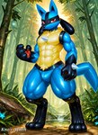 abs anthro blue_body blue_fur bulge chest_spike ears_up forest forest_background fur looking_at_viewer male muscular muscular_male nature nature_background plant red_eyes smile smiling_at_viewer solo spikes spikes_(anatomy) standing tree knox_synth canid canine canis generation_4_pokemon lucario mammal pokemon_(species) tail absurd_res hi_res