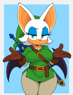 5_fingers anthro belt breasts clothing cosplay crossover crossover_cosplay eyeshadow female fingers fur gloves handwear hat headgear headwear looking_at_viewer makeup master_sword melee_weapon sword tan_body tan_skin tunic weapon white_body white_fur wings anonymous_director nintendo sega sonic_the_hedgehog_(series) the_legend_of_zelda link rouge_the_bat bat mammal hi_res