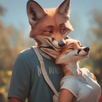 anthro bag blurred_background clothing duo eyes_closed female inner_ear_fluff looking_at_another looking_at_partner male male/female neck_tuft shirt smile t-shirt tongue tongue_out topwear tuft askljof canid canine fox mammal