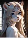 anthro blue_eyes breasts female from_side hair long_hair looking_at_viewer medium_breasts smile smiling_at_viewer solo solo_focus white_hair magacitl felid mammal pantherine snow_leopard hi_res portrait