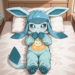 4_fingers anthro bed blush clothing female fingers furniture high-angle_view looking_at_viewer lying on_back on_bed onesie pajamas pawpads sleepwear smile solo young lucasauditore nintendo pokemon eeveelution generation_4_pokemon glaceon pokemon_(species) hi_res