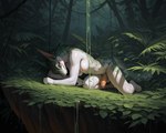 anthro balls bodily_fluids breasts crawling dripping fangs genital_fluids genitals gynomorph half-closed_eyes hunter intersex jungle looking_at_viewer narrowed_eyes penis precum scales solo vines latentspaceman hi_res