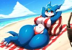 anthro beach big_breasts bikini blue_body breasts claws clothing female forehead_mark hands_behind_head horn lying on_back red_bikini red_eyes sea seaside solo swimwear thick_thighs toe_claws towel water white_body wide_hips captaincommandon't digimon_(species) veemon novelai