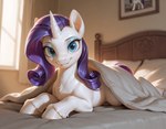 bed bed_sheet bedding bedroom female feral fur furniture hair hooves horn long_hair looking_at_viewer pillow purple_hair smile smiling_at_viewer solo white_body white_fur window unknown_director my_little_pony rarity_(mlp) equid equine mammal unicorn