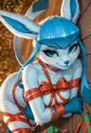 anthro bdsm blue_body blue_eyes blue_fur bondage bound bow_ribbon breasts christmas_present christmas_theme dutch_angle female fur gift gift_wrapped looking_at_viewer lying lying_on_side medium_breasts on_ground ribbon_bondage ribbons smile solo ayo_keito eeveelution generation_4_pokemon glaceon pokemon_(species) absurd_res hi_res