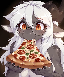 5_fingers anthro big_breasts blush breasts claws cute_fangs eating eyewear female fingers food freckles front_view glasses gradient_background grey_body grey_scales hair horn long_hair mythology non-mammal_breasts orange_eyes pizza scales simple_background solo spots spotted_body upper_body white_body white_hair white_scales kayda_hematite kayda_(kayda_hematite) dragon mythological_creature mythological_scalie scalie hi_res portrait