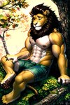 absurd_res anthro bottomwear chikais claws clothed clothing colorful digital_media_(artwork) eyes_closed felid fur hi_res lion male mammal muscular muscular_anthro muscular_male novelai outside pantherine pants pawpads plant relaxed sitting solo watermark white_body white_fur yellow_body yellow_fur