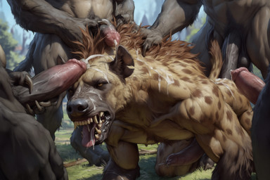 anthro balls bodily_fluids bukkake butt cum cum_in_mouth cum_inside cum_on_butt cum_on_face cum_on_head forced gangbang genital_fluids genitals group group_sex male male/male penis rape sex hyperion gnoll hyaenid mammal unknown_species