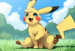 animal_genitalia balls blue_eyes brown_stripes cloud cute_fangs excited feral genitals grass male open_mouth pawpads penis penis_tip plant red_cheeks sheath sitting_on_ground solo stripes tongue tree director_seam generation_1_pokemon pikachu pokemon_(species)