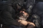 anthro beard black_body black_fur black_nose blue_eyes claws cuddling embrace eyes_closed facial_hair fluffy fur grey_body grey_fur grey_hair group hair hug human_on_anthro interspecies male male/male muscular muscular_anthro muscular_male mustache nude pecs sleeping sleeping_on_partner sleeping_together smile teeth satyrman canid canine canis human mammal were werecanid werecanine werewolf wolf hi_res