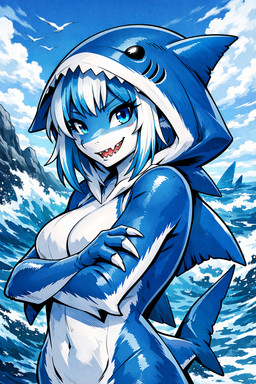anthro blue_body blue_eyes blue_fur blue_hair claws crossed_arms eyelashes female finger_claws fur hair multicolored_hair navel sea shark_tail shark_teeth solo two_tone_hair water white_body white_fur white_hair hololive gawr_gura fish marine shark hi_res