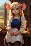 anthro blond_hair brown_eyes clothing dress farm female peasant smile snout solo unknown_director mammal mouse murid murine rodent