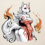 anthro anthrofied arm_tuft asian_clothing big_breasts black_nose black_sclera bottomless breasts brush butt chest_tuft cleavage clothed clothing east_asian_clothing female fire fur hair holding_object japanese_clothing kimono long_hair looking_at_viewer looking_back markings off_shoulder paintbrush rear_view red_markings shoulder_tuft side_boob simple_background smile solo standing tail tuft white_background white_body white_fur white_hair anonymous_director canid canine canis deity mammal wolf hi_res portrait shaded three-quarter_portrait