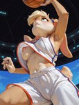 accidental_exposure anthro basketball basketball_court basketball_uniform blonde_hair blue_eyes bottomwear clothed clothing clothing_lift female fur hair jumping light looking_at_viewer nipple_slip playing_sports raised_clothing raised_shirt raised_topwear shirt shirt_lift shooting_basketball shorts solo sportswear topwear uniform majorrenegade space_jam lola_bunny lagomorph leporid mammal rabbit detailed hi_res lighting