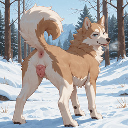 animal_genitalia animal_pussy anus blue_eyes breath brown_body butt canine_genitalia canine_pussy female feral genitals looking_at_viewer looking_back outside pussy raised_tail rear_view snow solo standing white_body pixvul canid canine canis domestic_dog husky mammal nordic_sled_dog spitz hi_res