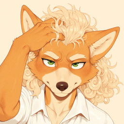 anthro blonde_hair close_up clothing collared_shirt countershade_face countershading curled_hair eyelashes front_view fur green_eyes hair hand_in_hair looking_at_viewer male medium_hair orange_body orange_fur shirt simple_background solo tan_body tan_fur topwear touching_hair promagentis nintendo star_fox fox_mccloud canid canine fox mammal bust_portrait hi_res portrait