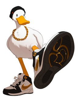 ambiguous_gender beak beanie biped black_clothing black_eyes chain chain_jewelry chain_necklace clothing feathers feet feral footwear gold_(metal) gold_chain hat headgear headwear humor jewelry necklace shoelaces shoes simple_background sneakers solo toes white_background white_body white_feathers unknown_director anatid anseriform avian bird duck hi_res