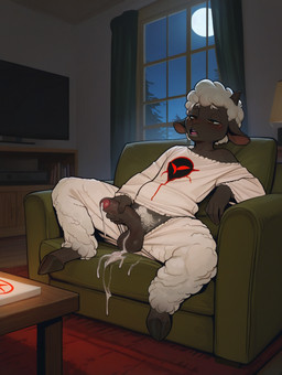 anthro balls balls_out big_penis black_body blush bodily_fluids clothed clothing clothing_aside cloven_hooves cum foreskin fur genital_fluids genitals hair half-closed_eyes hooves horn light male masturbation moonlight narrowed_eyes night nightgown open_mouth penis pubes satisfied sleepwear solo white_body white_fur white_hair lamb_(cult_of_the_lamb) bovid caprine mammal sheep hi_res