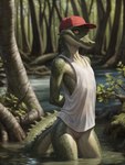 alligator alligatorid anthro barely_visible_genitalia barely_visible_pussy baseball_cap bottomless clothed clothing countershading crocodilian degenstoic detailed detailed_background detailed_scales eyelashes female flat_chested genitals hat headgear headwear hi_res looking_at_viewer mangroves plant pupils pussy reptile scales scalie shirt slit_pupils smile solo swamp tank_top topwear tree yellow_eyes