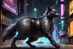 ambiguous_gender bottomwear canid canine city city_background clothed clothing feral ffox475 fox hi_res mammal neon_lights overweight pants red_fox silver_fox solo standing street tight_clothing