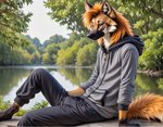 anthro barefoot eyes_closed feet hair lake male orange_hair sitting_on_ground solo sweatpants zipper_hoodie 7oxytron huh75_(7oxytron) canid canine mammal maned_wolf