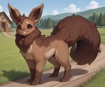 ambiguous_gender big_tail brown_sclera building circle_eyebrows dorsal_fur eyebrows feral house looking_at_viewer neck_tuft outside smile solo standing tuft nonimousmate nintendo pokemon eeveelution hybrid pokemon_(species) hi_res