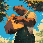 anthro black_eyes box clothing cloud container ear_piercing food fruit green_clothing holding_object male muscular open_mouth orange_(fruit) overalls piercing plant shirt sky solo t-shirt teeth topwear tree sappy_(director) capybara caviid mammal rodent hi_res